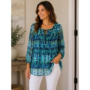 Express Womens Small Blue Green Abstract Ikat Chiffon Tie Neck 3/4 Sleeve Blouse